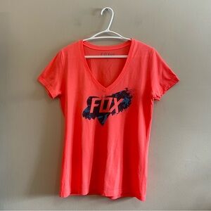 FOX Neon Coral Graphic V-Neck Cotton & Poly Blend Tee – Size Medium EUC